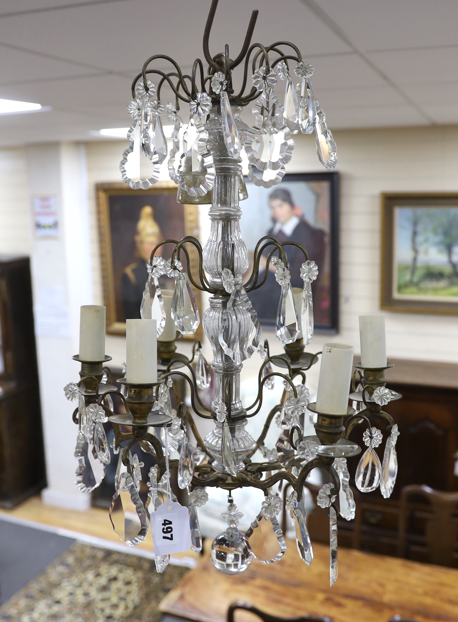 A large hanging glass chandelier